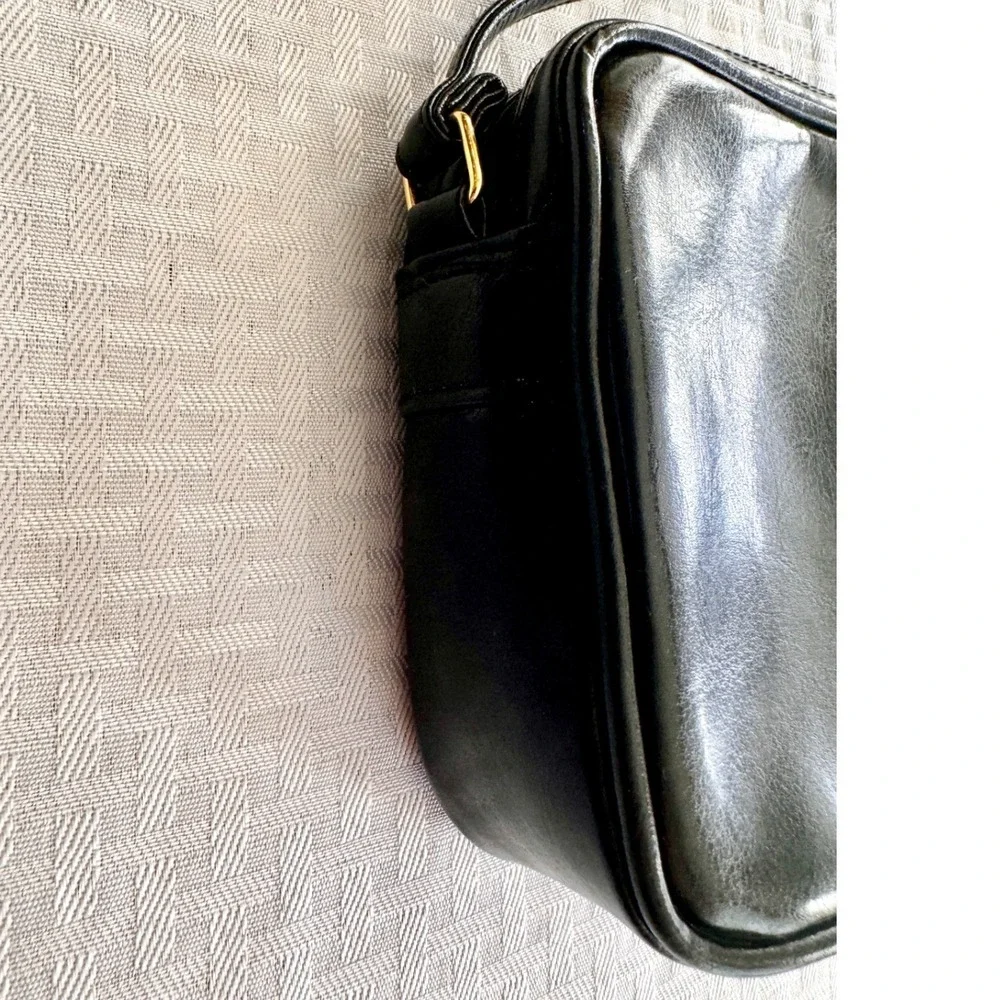Vintage Black Faux Leather Crossbody Bag Square‎ Camera Bag Gold Hardware